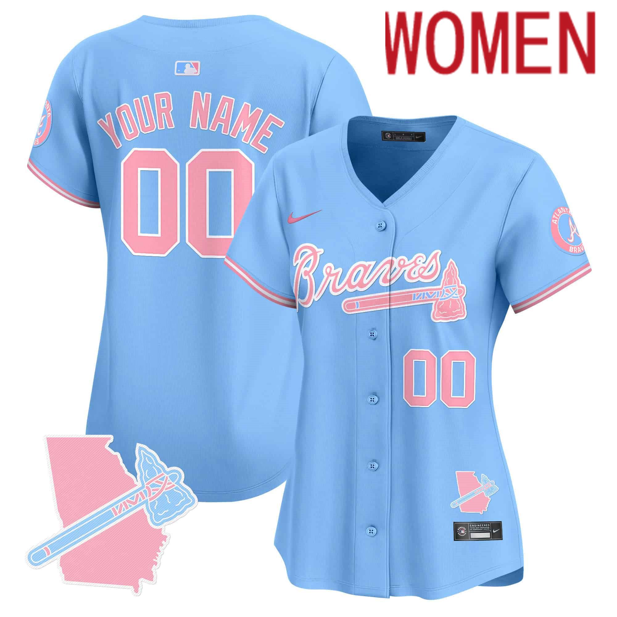 Women Atlanta Braves Blue 2024 Nike Bubblegum Pink Vapor Premier Limited Custom MLB Jersey